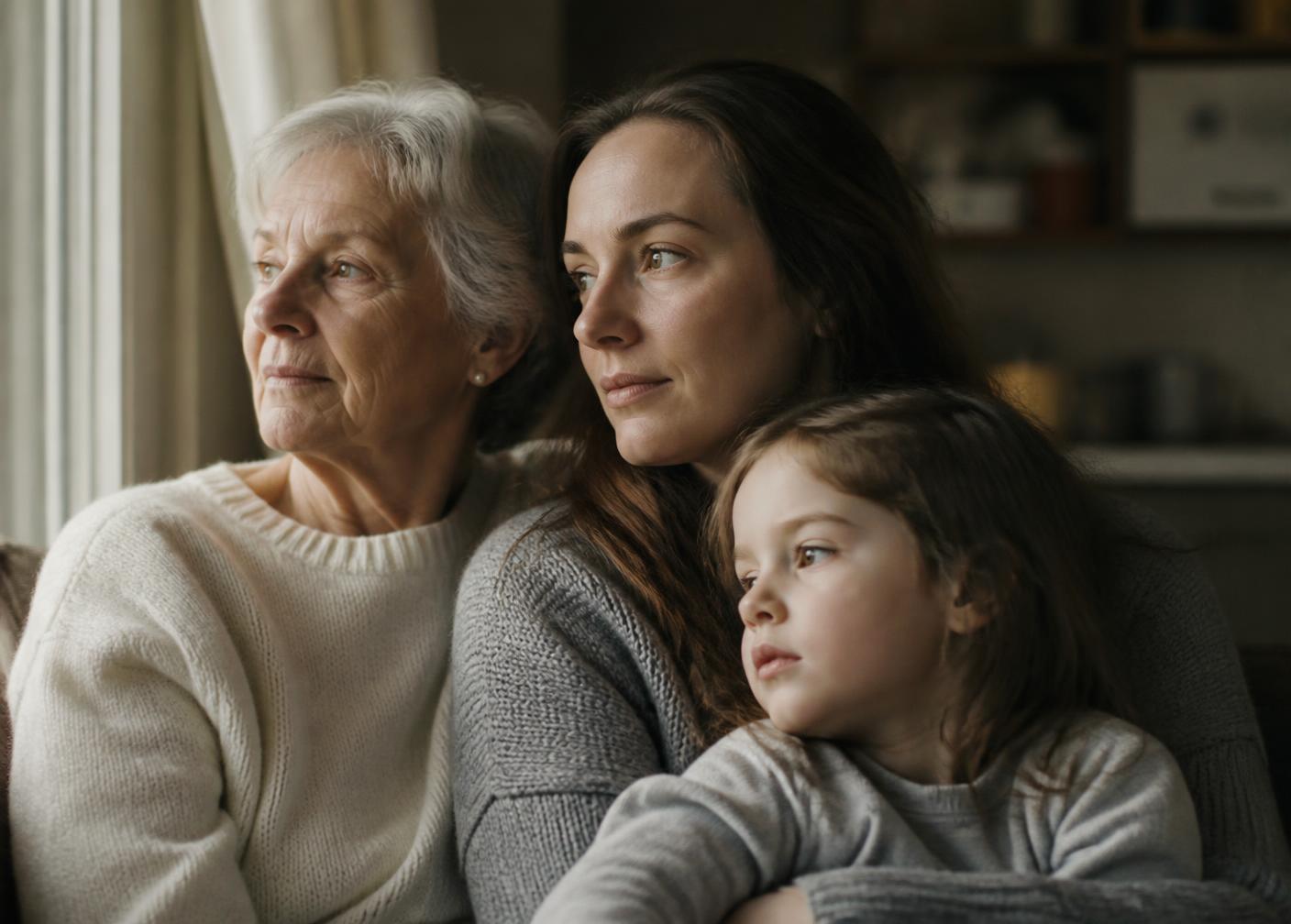 Three generations of a family sitting together in soft daylight