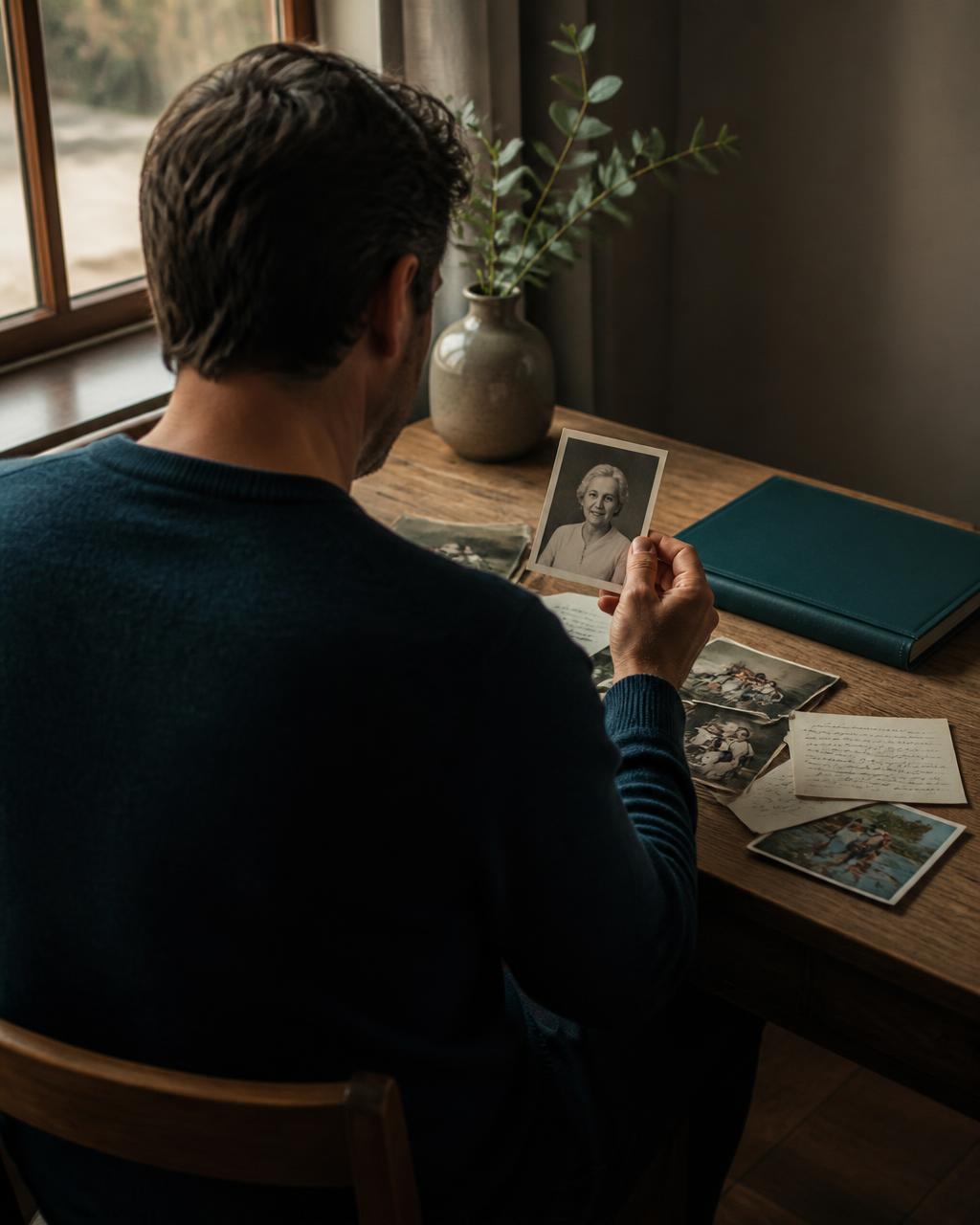A man viewed from behind holding a photograph of an older woman at a desk covered with family photographs