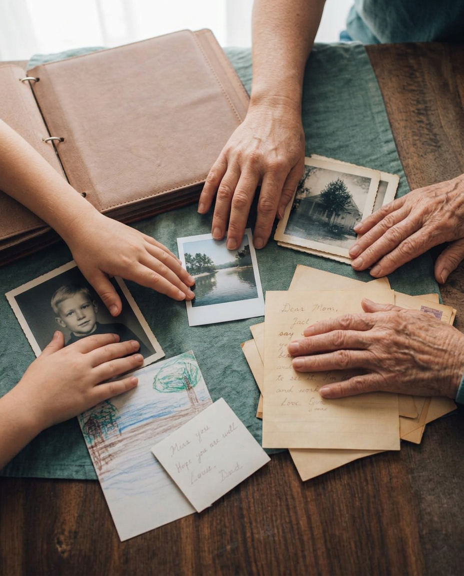 Several generations of hands sorting through old family photographs