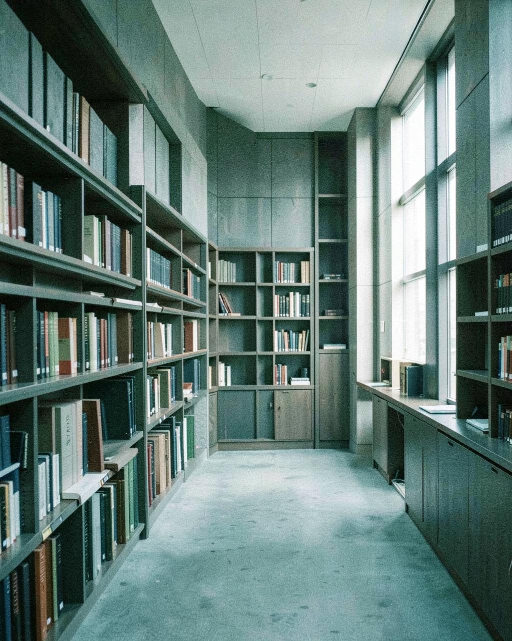 A quiet institutional archive with ordered shelves and daylight