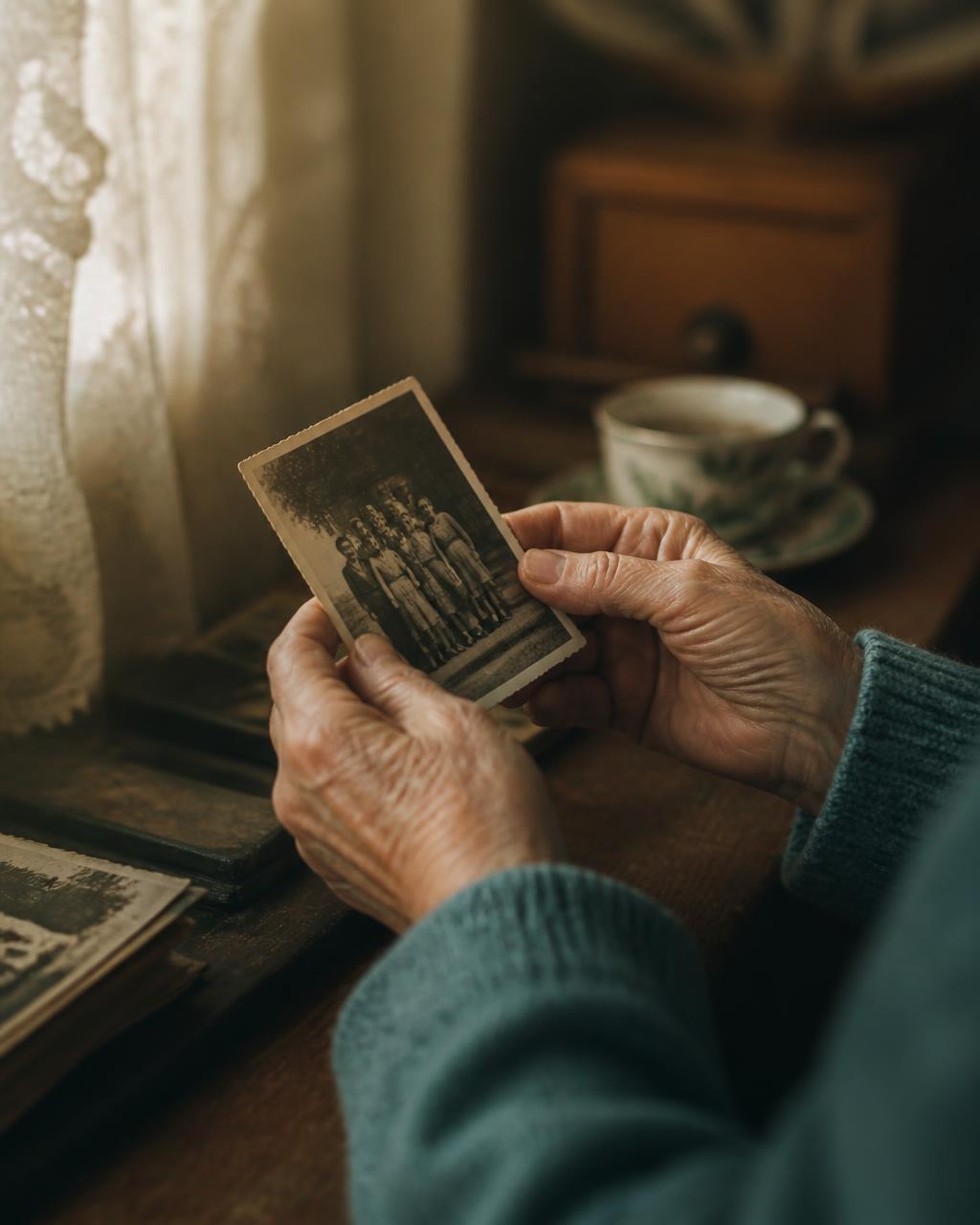 An open journal, handwritten letters and old photographs on a wooden desk
